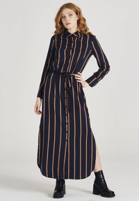 Second Hand Hemdblusenkleid STELLA aus LENZING™ ECOVERO™ - Midnight Blue / Light Camel (Stripes) - L