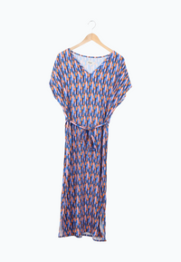 Second Hand Kleid GBPHILINE relaxed Fit aus LENZING™ ECOVERO™ mit Gürtel - Blue / Orange (Drops) - XL